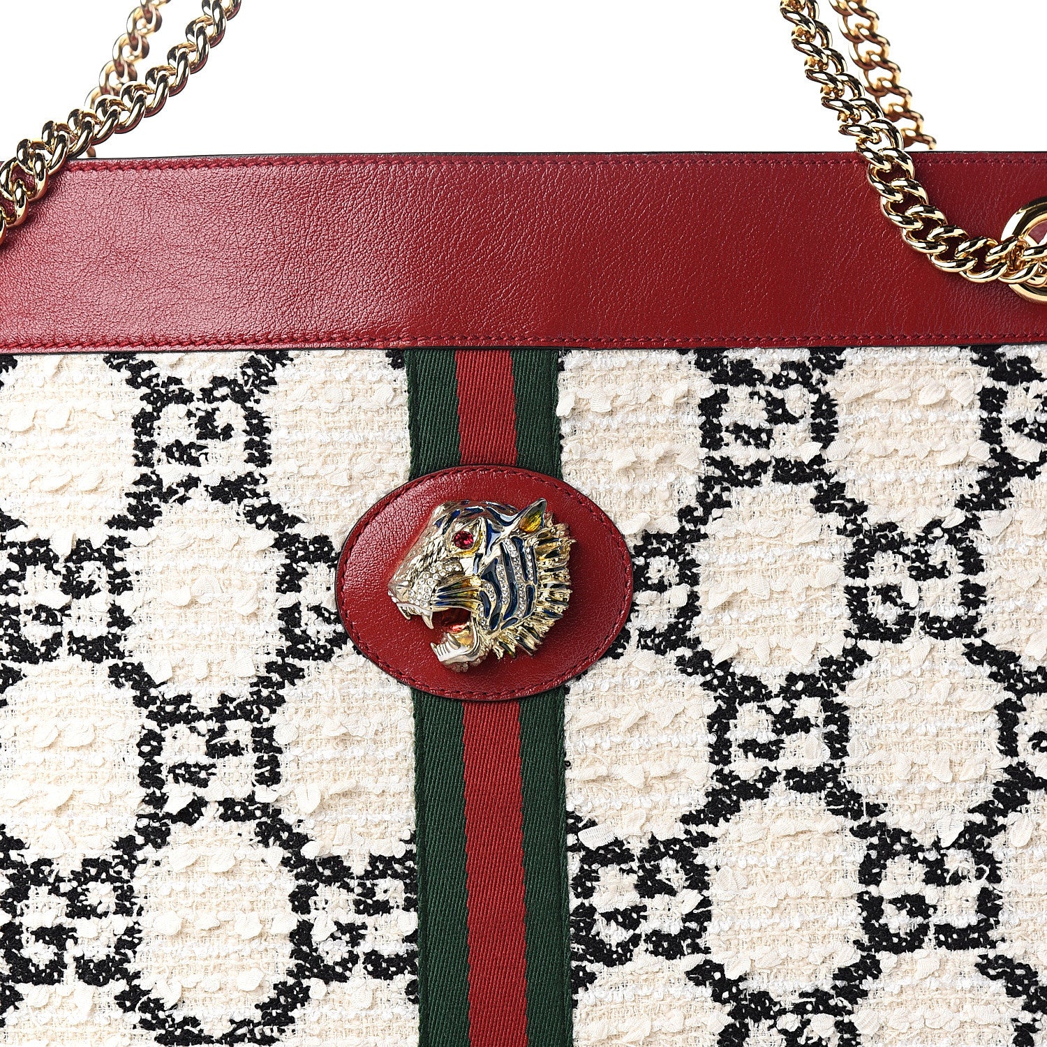 Gucci Tweed GG Monogram Large Rajah Chain Tote White Black Romantic Cherry 10 of 10