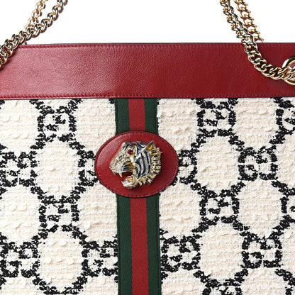 Gucci Tweed GG Monogram Large Rajah Chain Tote White Black Romantic Cherry 10 of 10
