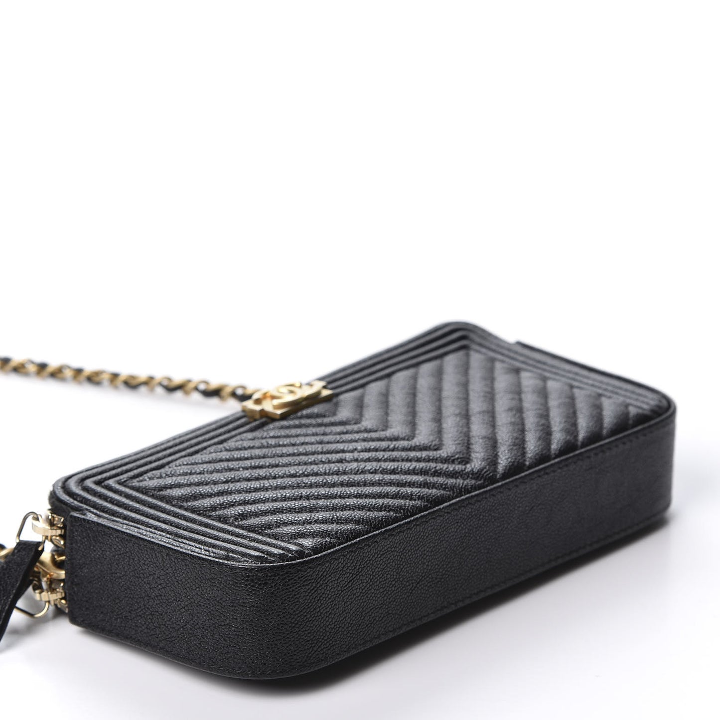 Caviar Chevron Small Boy Clutch With Chain Black