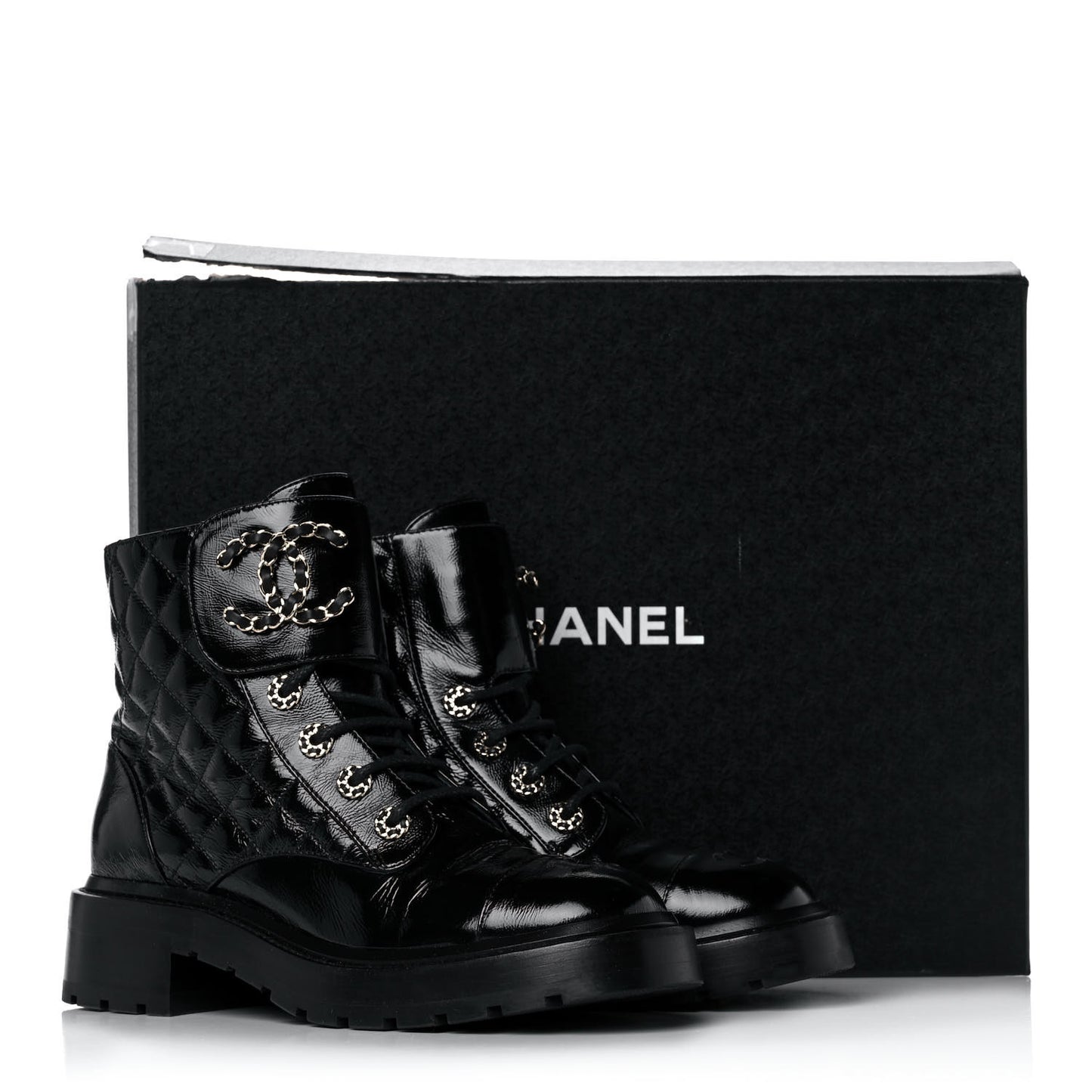 Shiny Calfskin Quilted Lace Up Combat Boots 37.5 Black