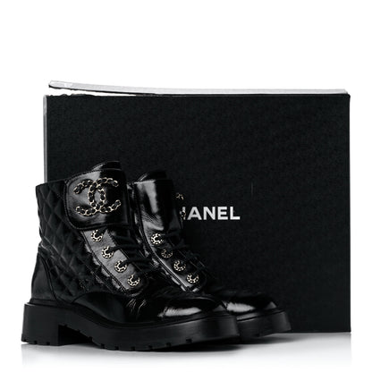 Chanel Shiny Calfskin Quilted Lace Up Combat Boots 37.5 Black 11 of 11