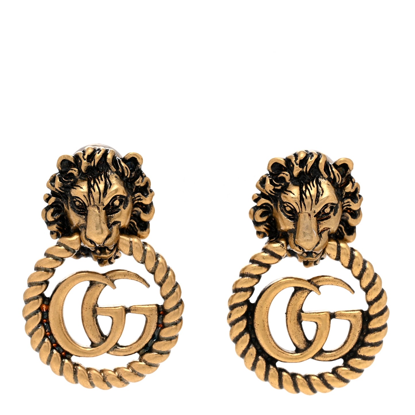 Metal Double G Lion Head Clip On Earrings Aged Gold