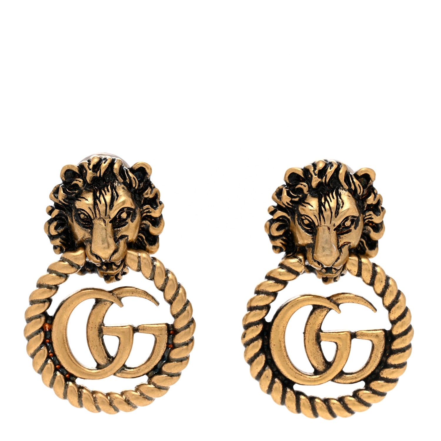 Gucci Metal Double G Lion Head Clip On Earrings Aged Gold 1 of 4