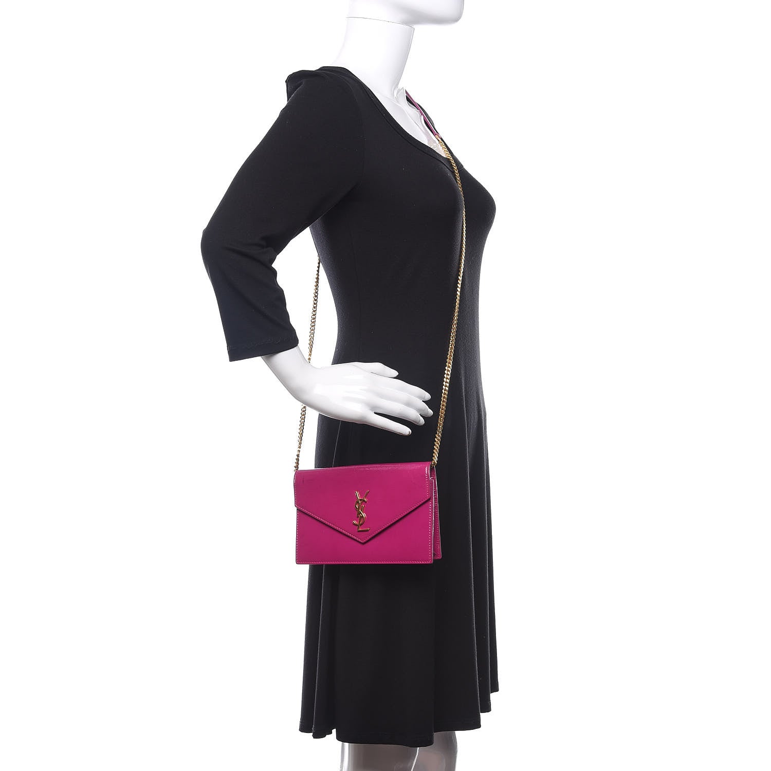 Saint Laurent Textured Patent Monogram Envelope Chain Wallet Electric Pink 2 of 11