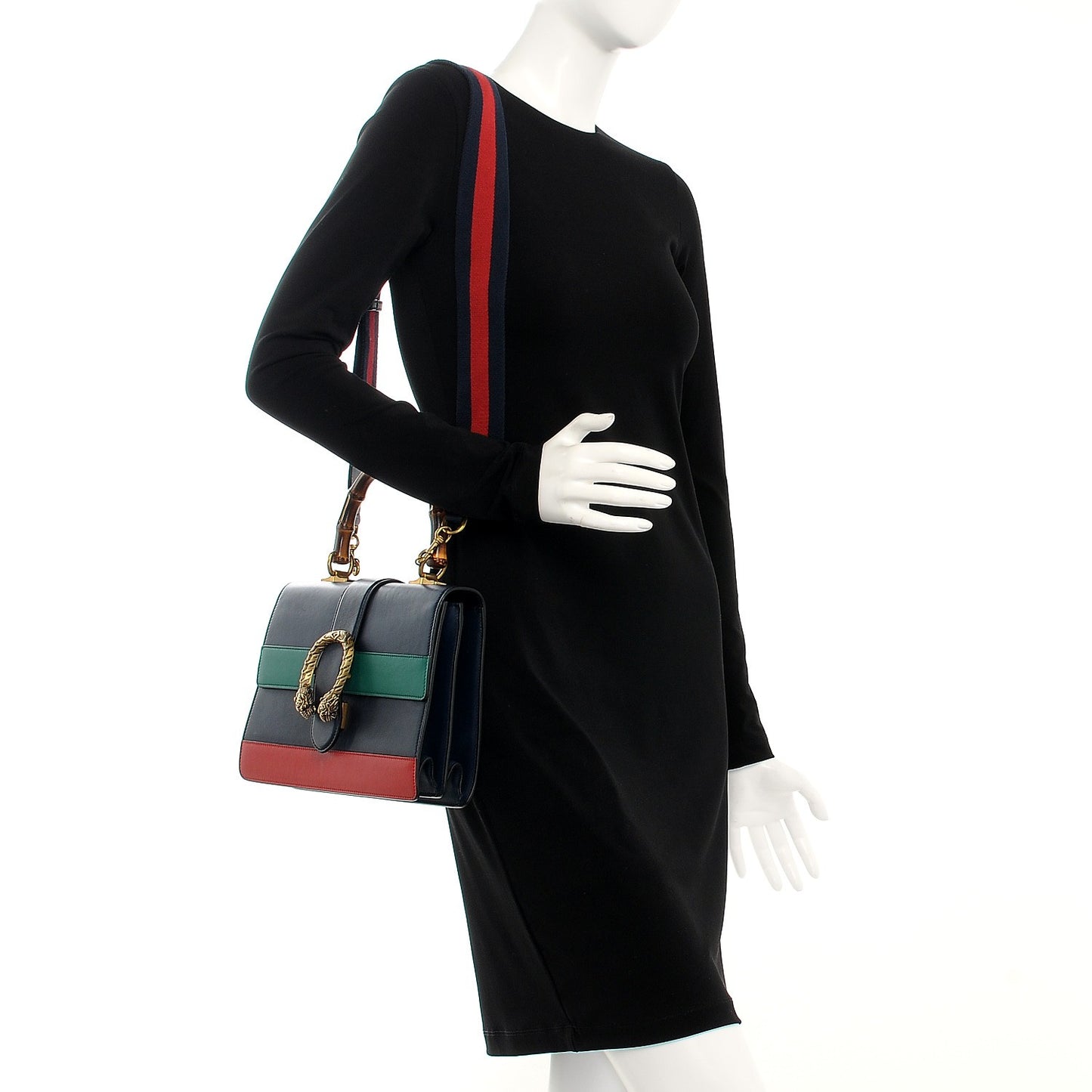 Moon Calfskin Bamboo Web Medium Dionysus Top Handle Bag Blue Emerald Hibiscus Red