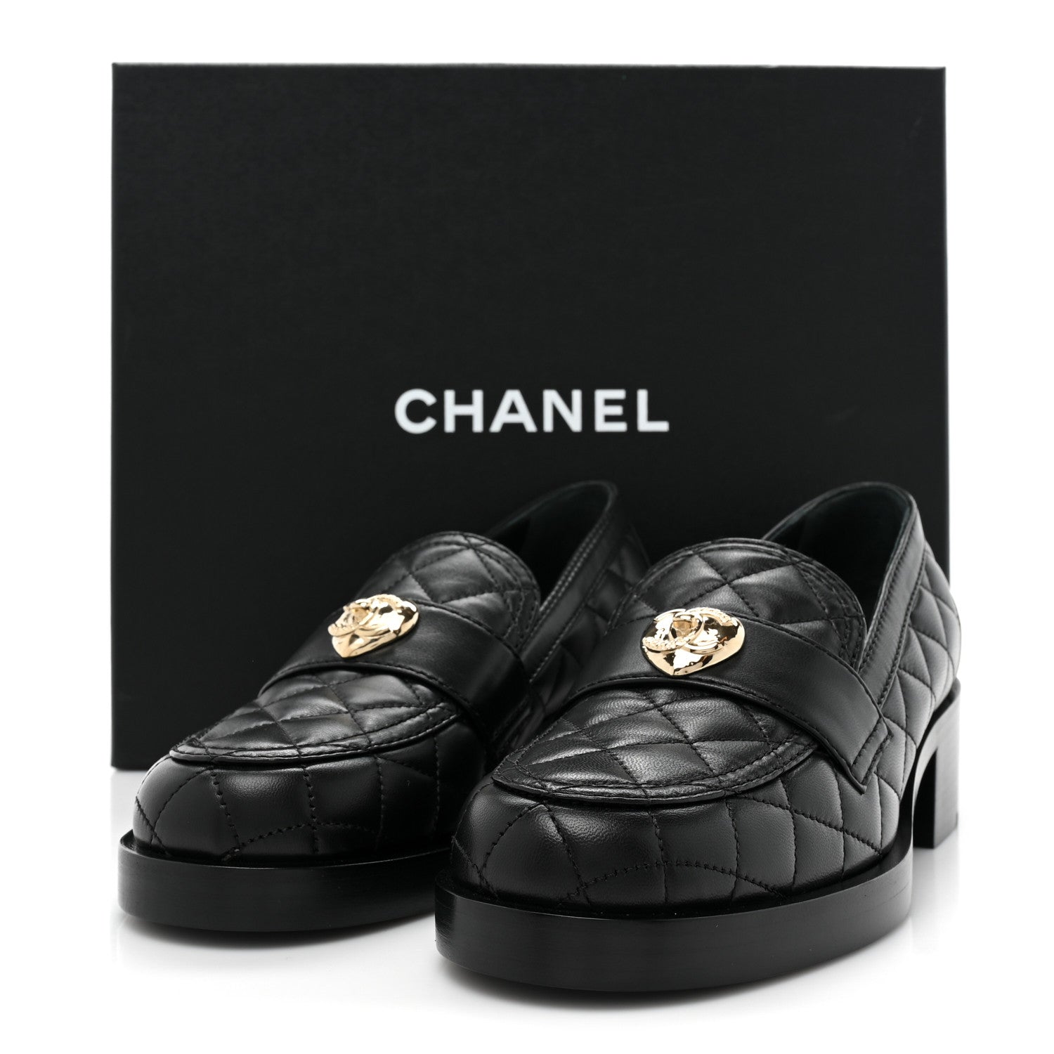 Chanel Lambskin Quilted CC Heart Loafers 37 Black 9 of 9