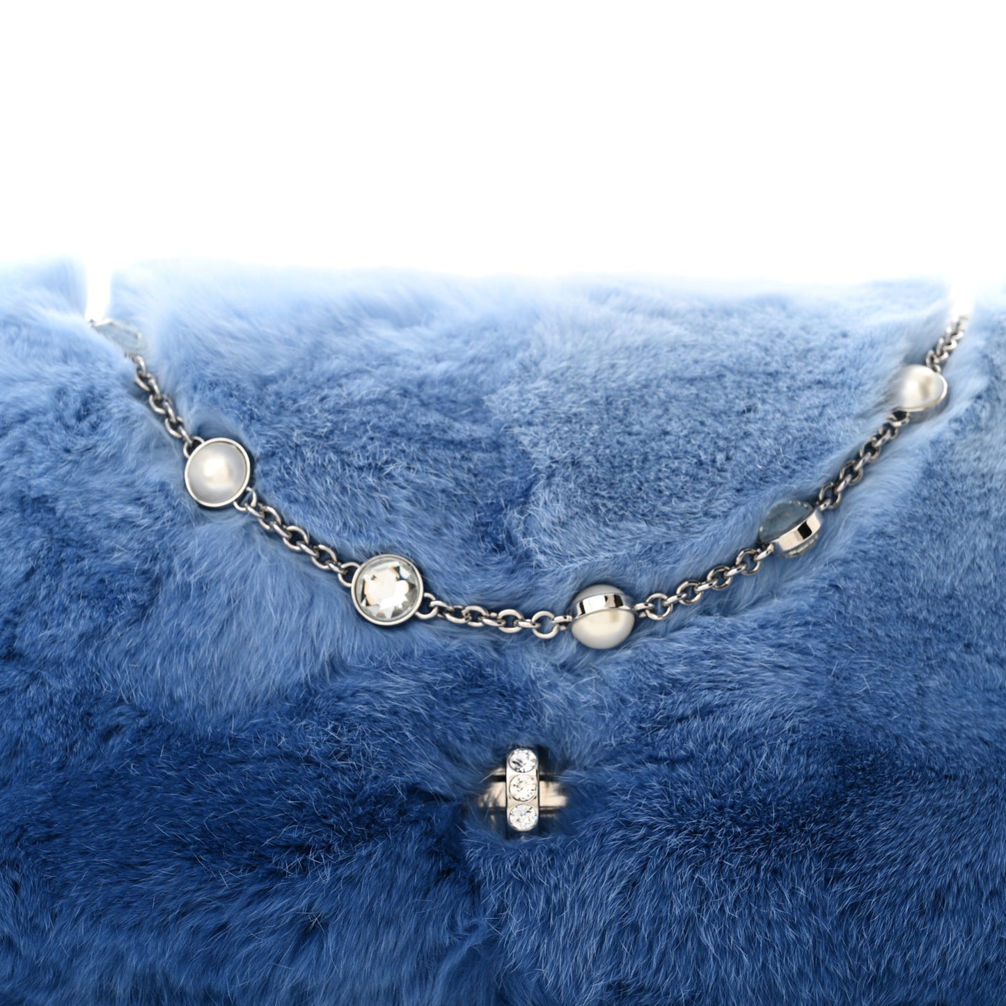 Rabbit Fur Crystal Flap Clutch Azzuro White