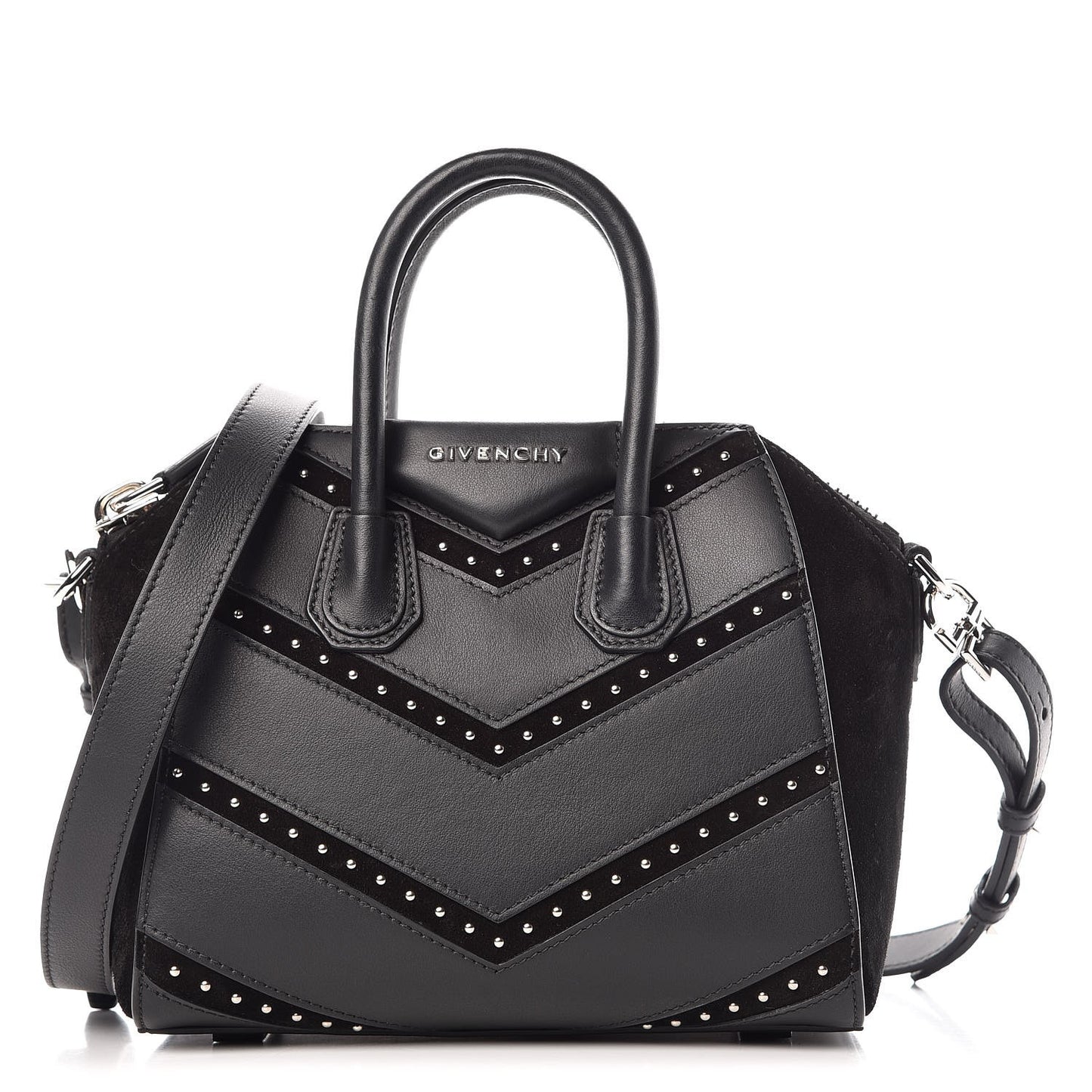 Calfskin Suede Mini Studded Chevron Antigona Black