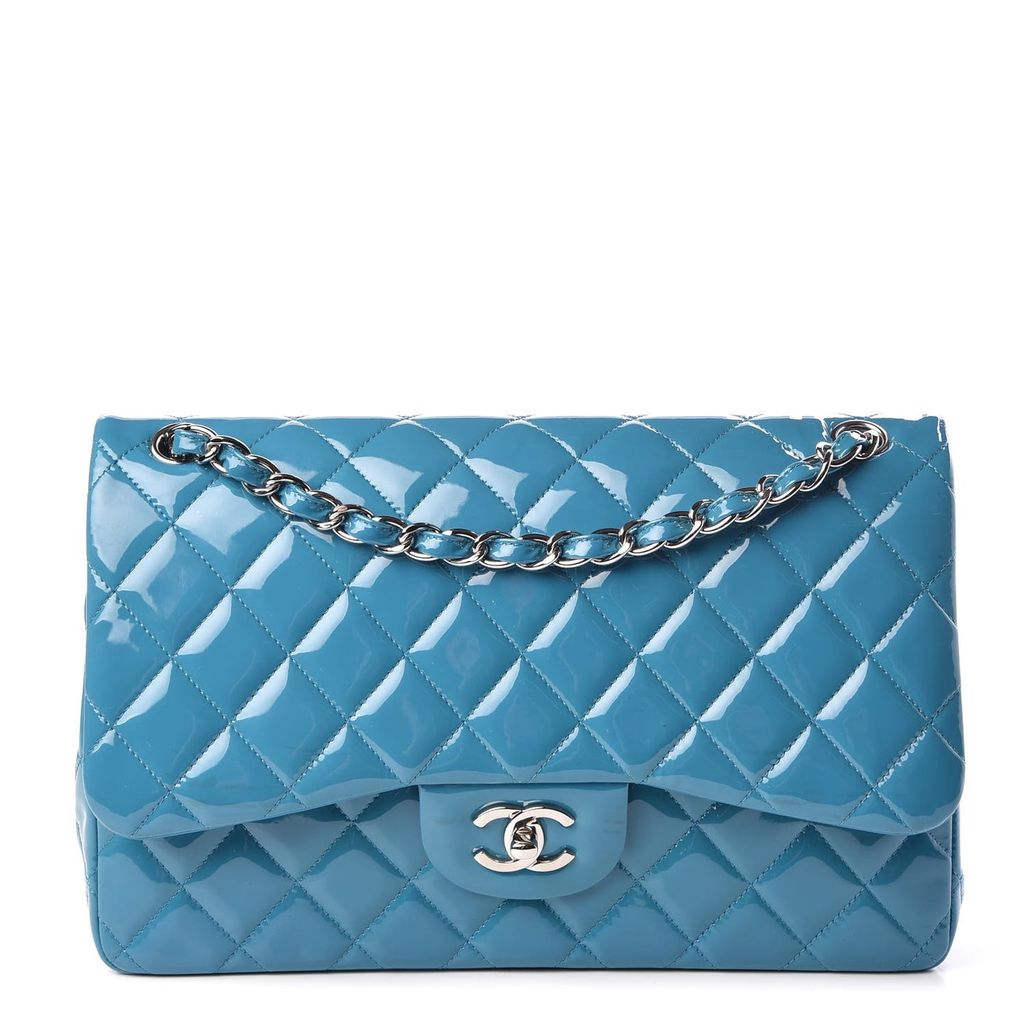 Patent Calfskin Quilted Jumbo Double Flap Turquoise