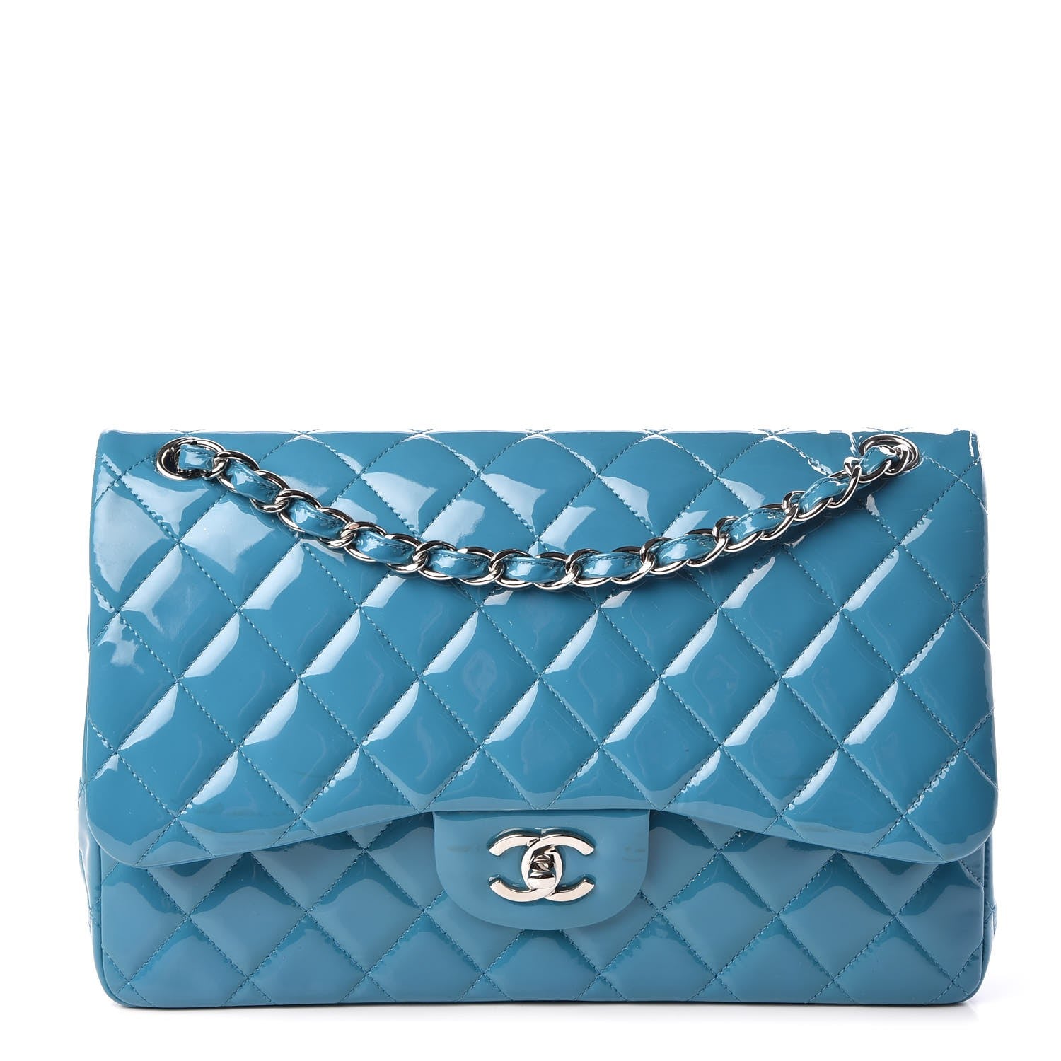 Chanel Patent Calfskin Quilted Jumbo Double Flap Turquoise 1 of 8