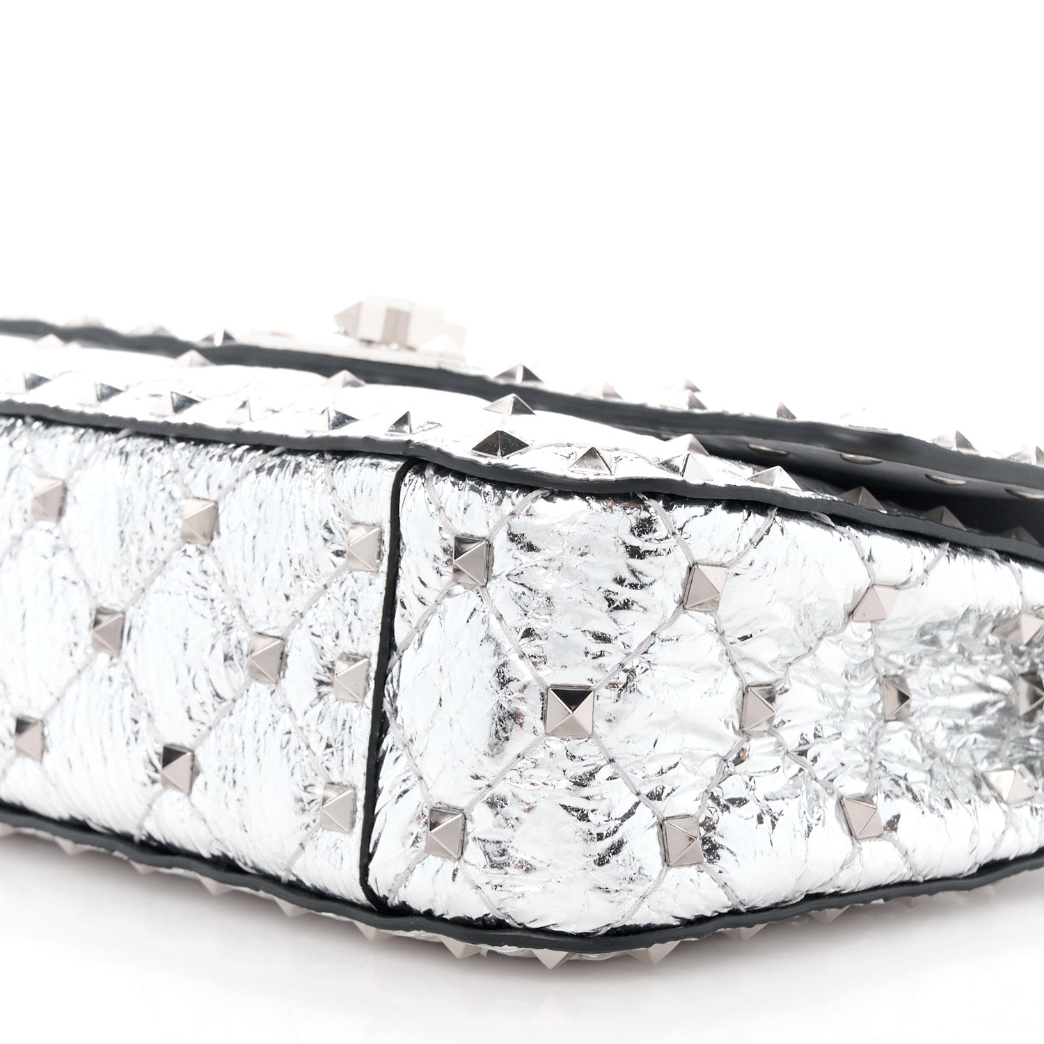Valentino Garavani VALENTINO GARAVANI Metallic Wrinkled Lambskin Small Rockstud Spike Shoulder Bag Silver 10 of 10
