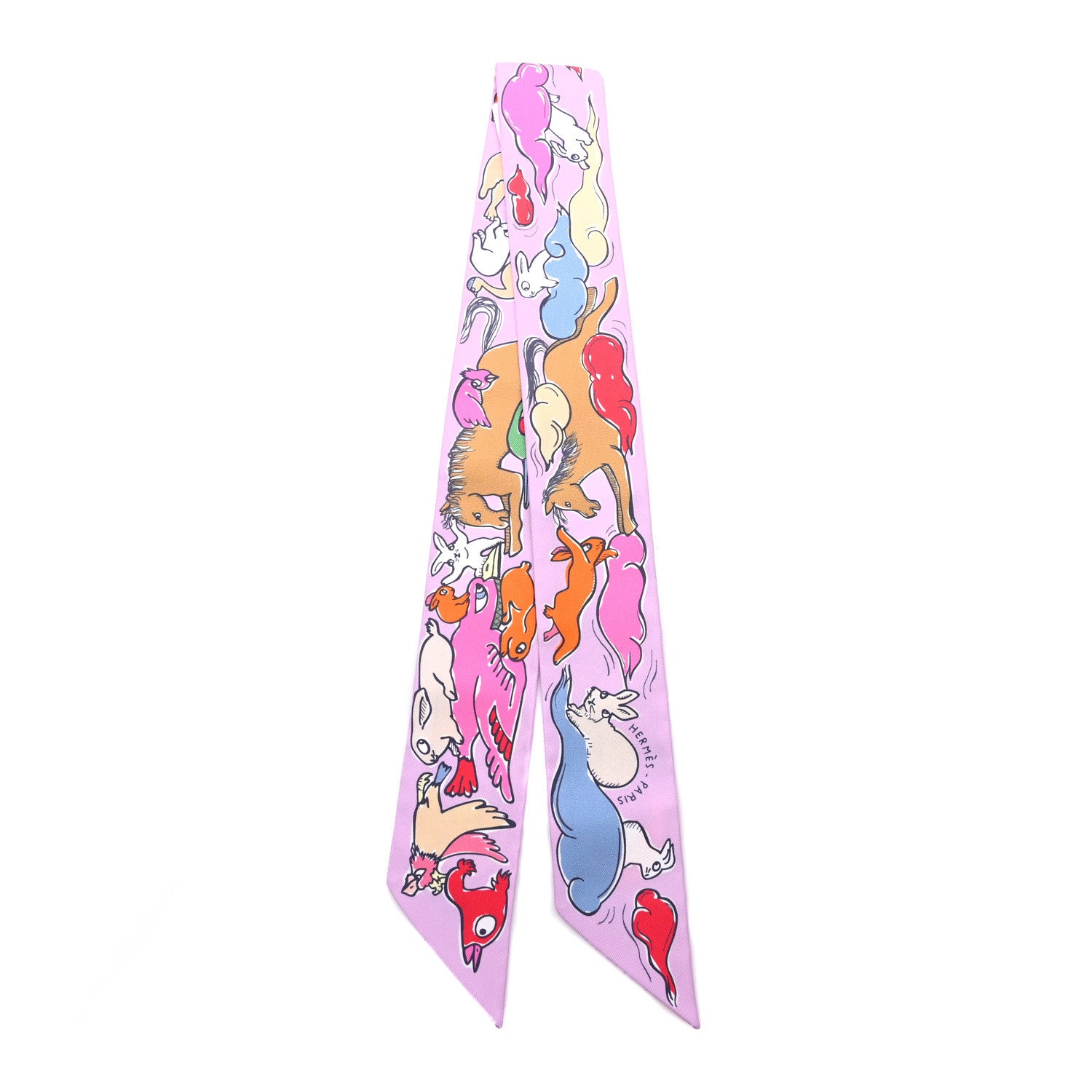 Hermes Silk Mille Et Un Lapins Twilly Parme Rouge Vif Camel 2 of 4