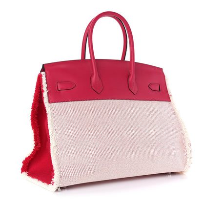 Hermes Swift Twill H Fray Fray Birkin 35 Framboise Ecru 3 of 10