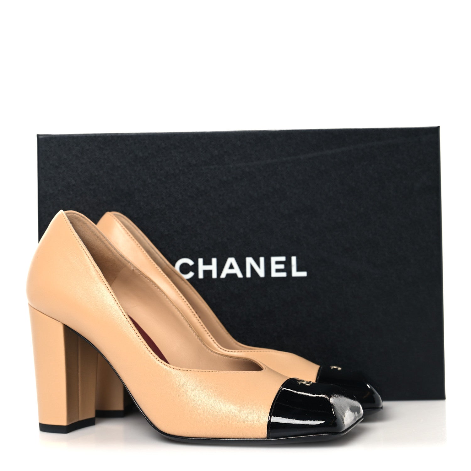 Chanel Lambskin Patent Calfskin Cap Toe Pumps 37 Beige Black