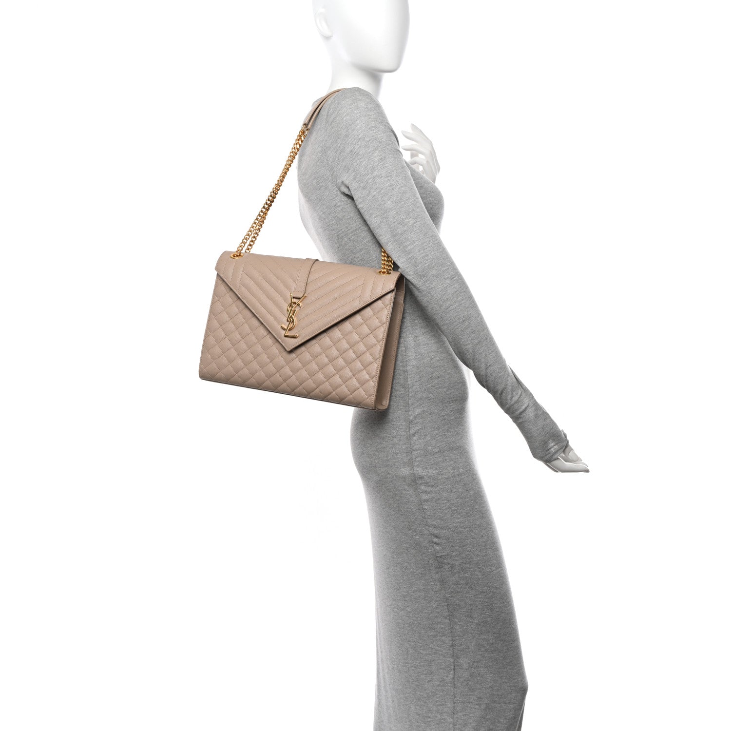 Saint Laurent Grain De Poudre Mixed Matelasse Large Triquilt Monogram Satchel Dark Beige 2 of 10
