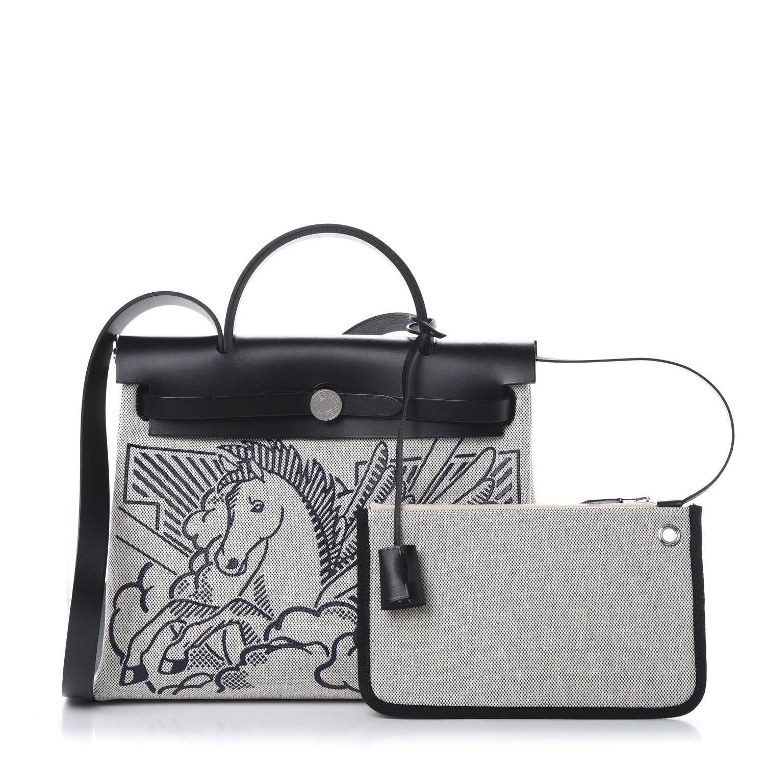 Hermes Vache Hunter Toile H Pegase Pop Herbag Zip Retourne 31 PM Bleu Indigo Ecru Black 1 of 12