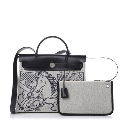 Hermes Vache Hunter Toile H Pegase Pop Herbag Zip Retourne 31 PM Bleu Indigo Ecru Black 1 of 12