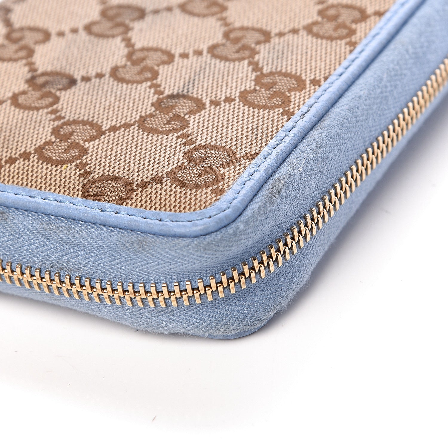 Gucci Monogram Dollar Calfskin Zip Around Compact Wallet Beige Ebony Mineral Blue 10 of 13