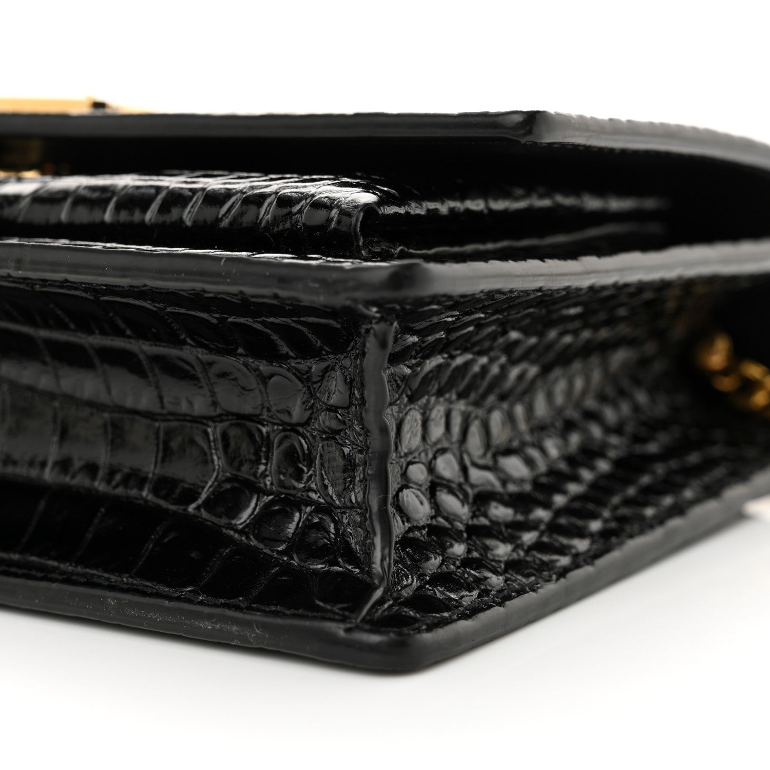 Saint Laurent Calfskin Crocodile Embossed Monogram Sunset Top Handle Chain Wallet Black 10 of 12