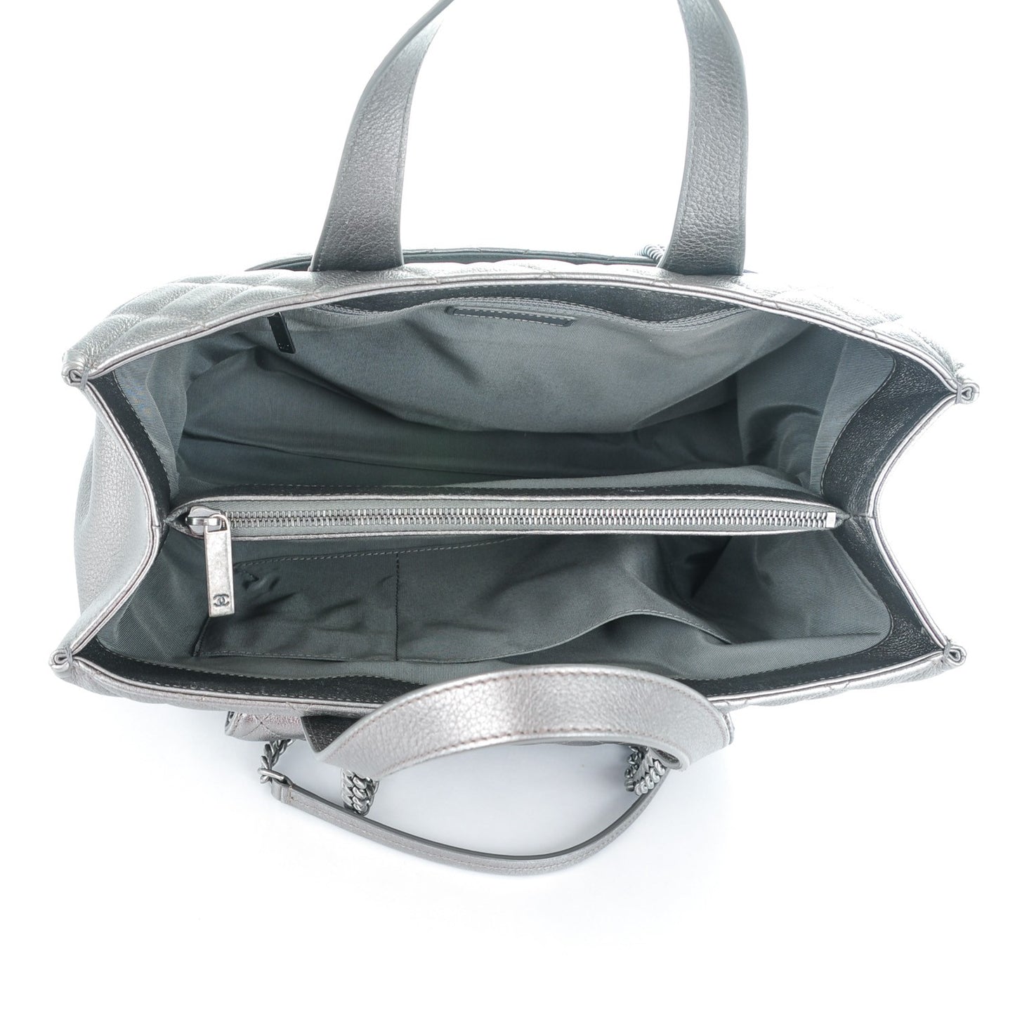 Metallic Grained Calfskin Quilted Large Casual Pocket Tote Silver