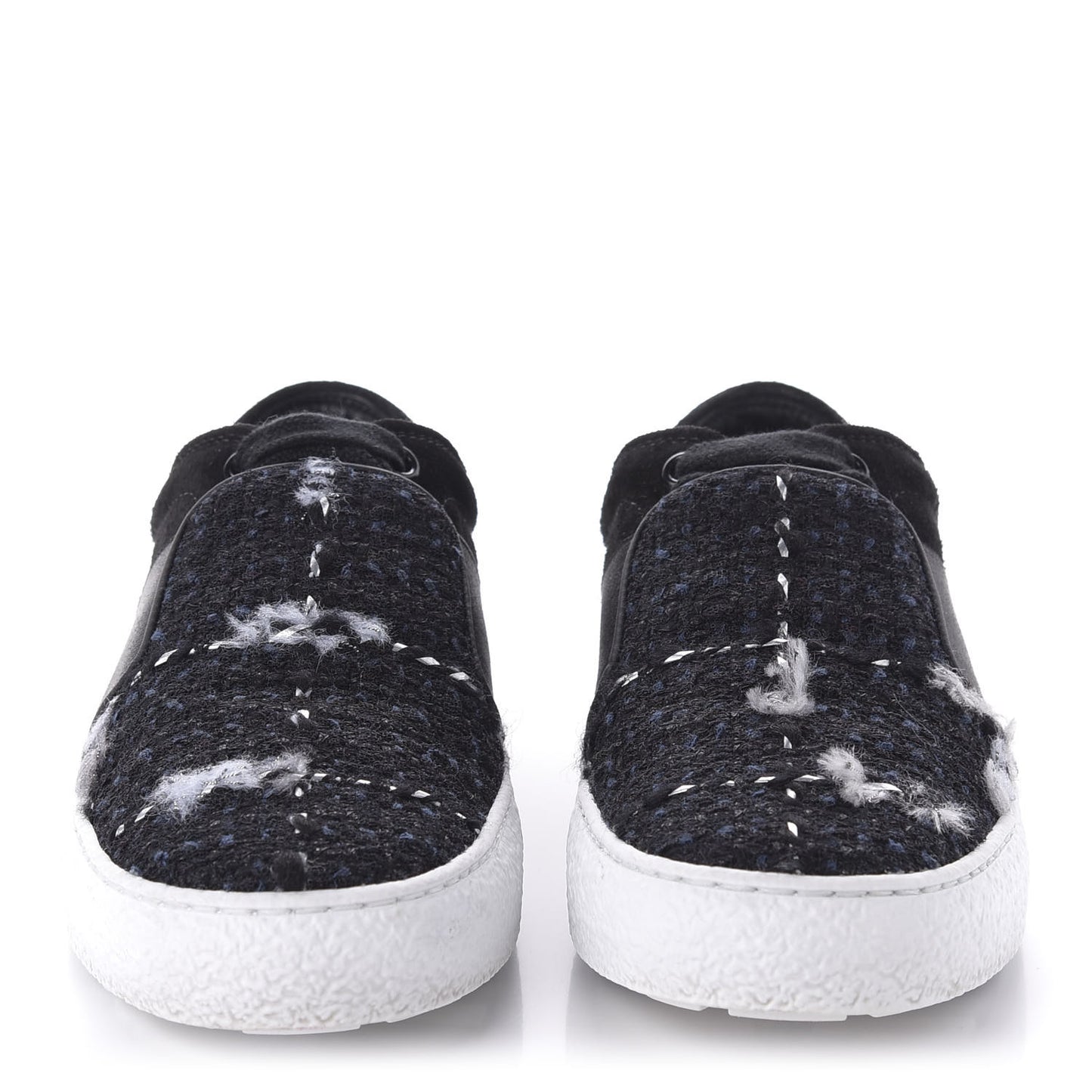 Suede Calfskin Tweed Womens Slip On Sneakers 36 Black Navy Silver