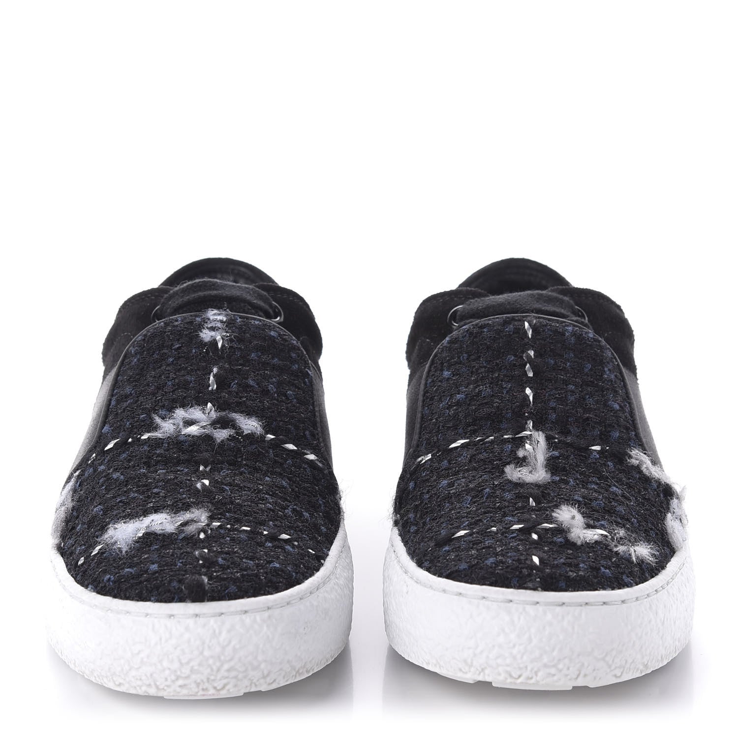Chanel Suede Calfskin Tweed Womens Slip On Sneakers 36 Black Navy Silver 2 of 9