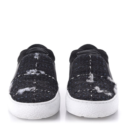 Chanel Suede Calfskin Tweed Womens Slip On Sneakers 36 Black Navy Silver 2 of 9