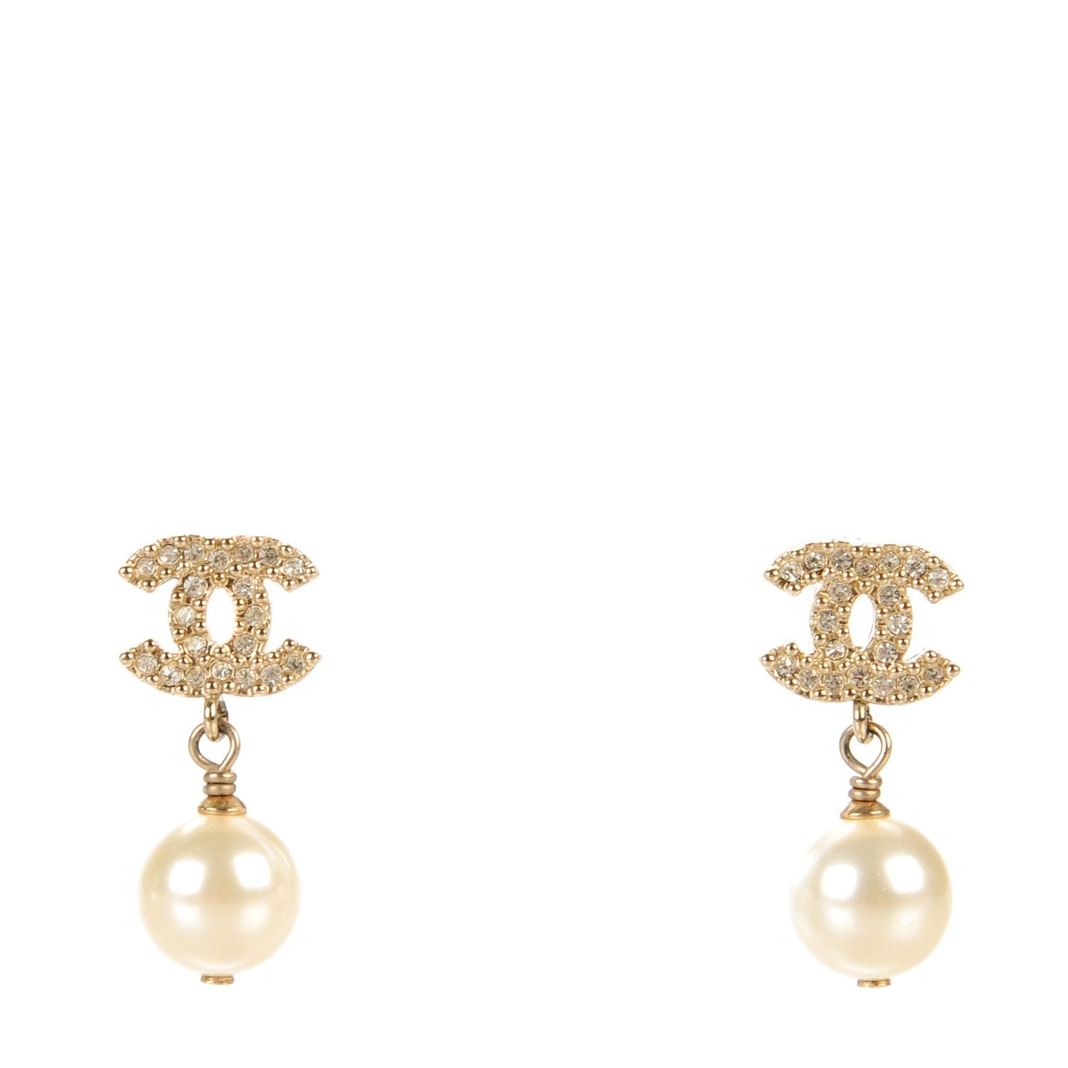 Chanel Crystal CC Pearl Drop Earrings Gold 1 of 5