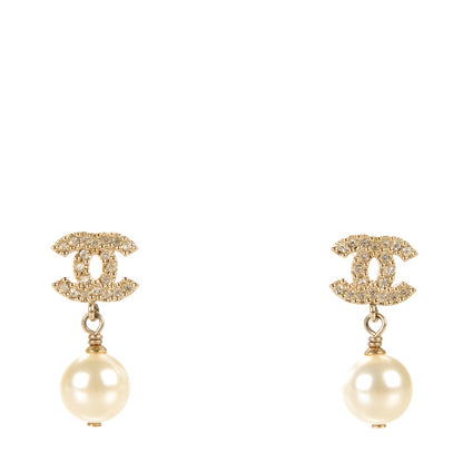 Chanel Crystal CC Pearl Drop Earrings Gold 1 of 5