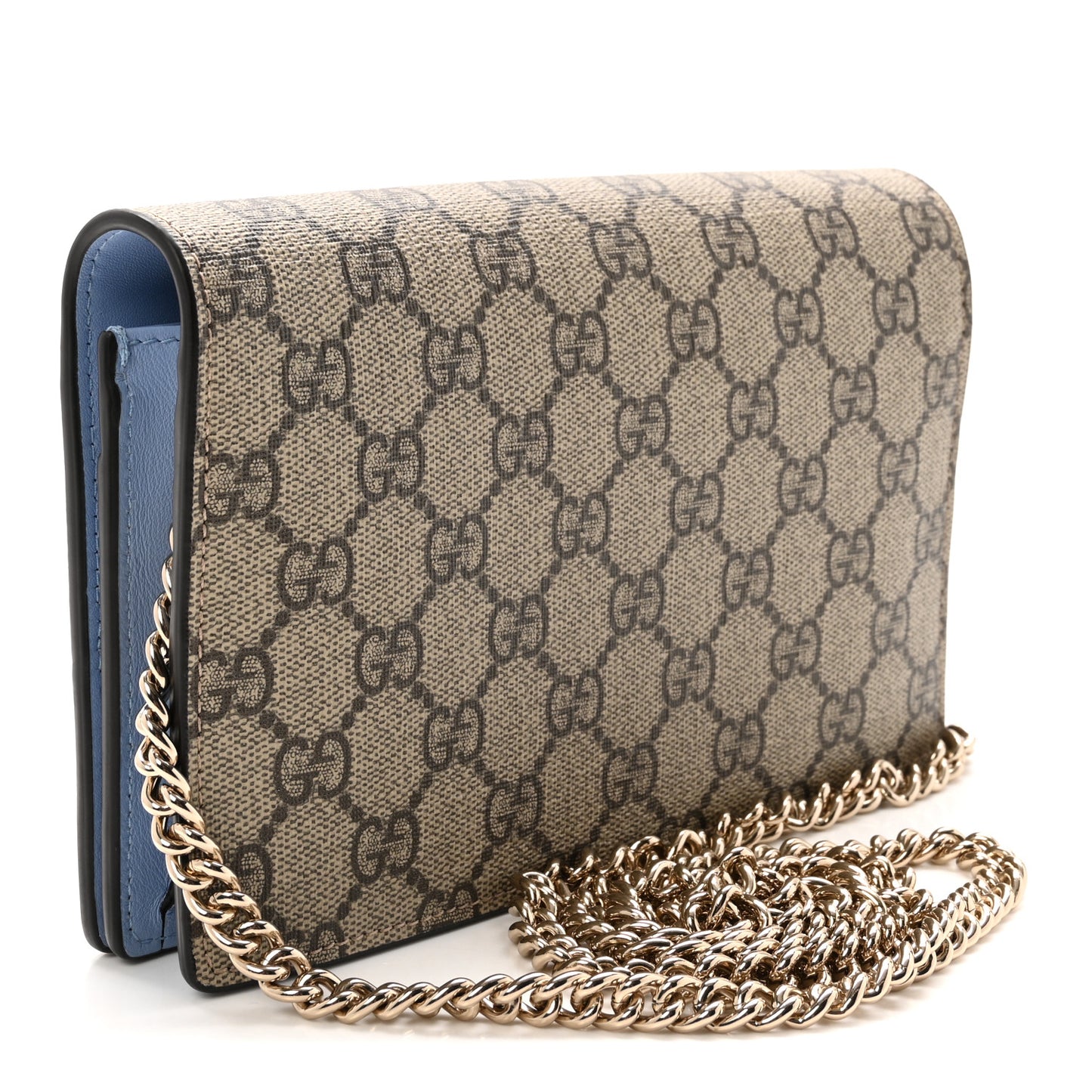 GG Supreme Monogram Textured Dollar Calfskin Mini GG Marmont Chain Wallet Light Pink Blue Beige