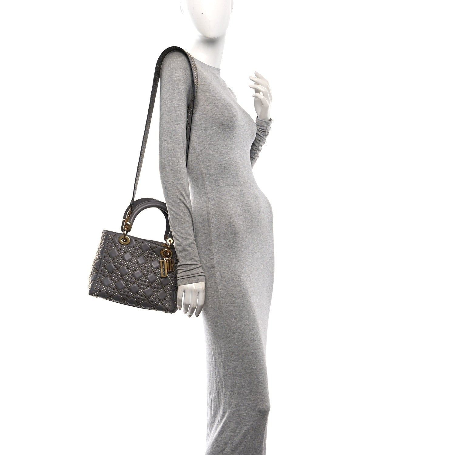 Christian Dior Calfskin Cannage Studded Medium Supple Lady Dior Grey 2 of 10