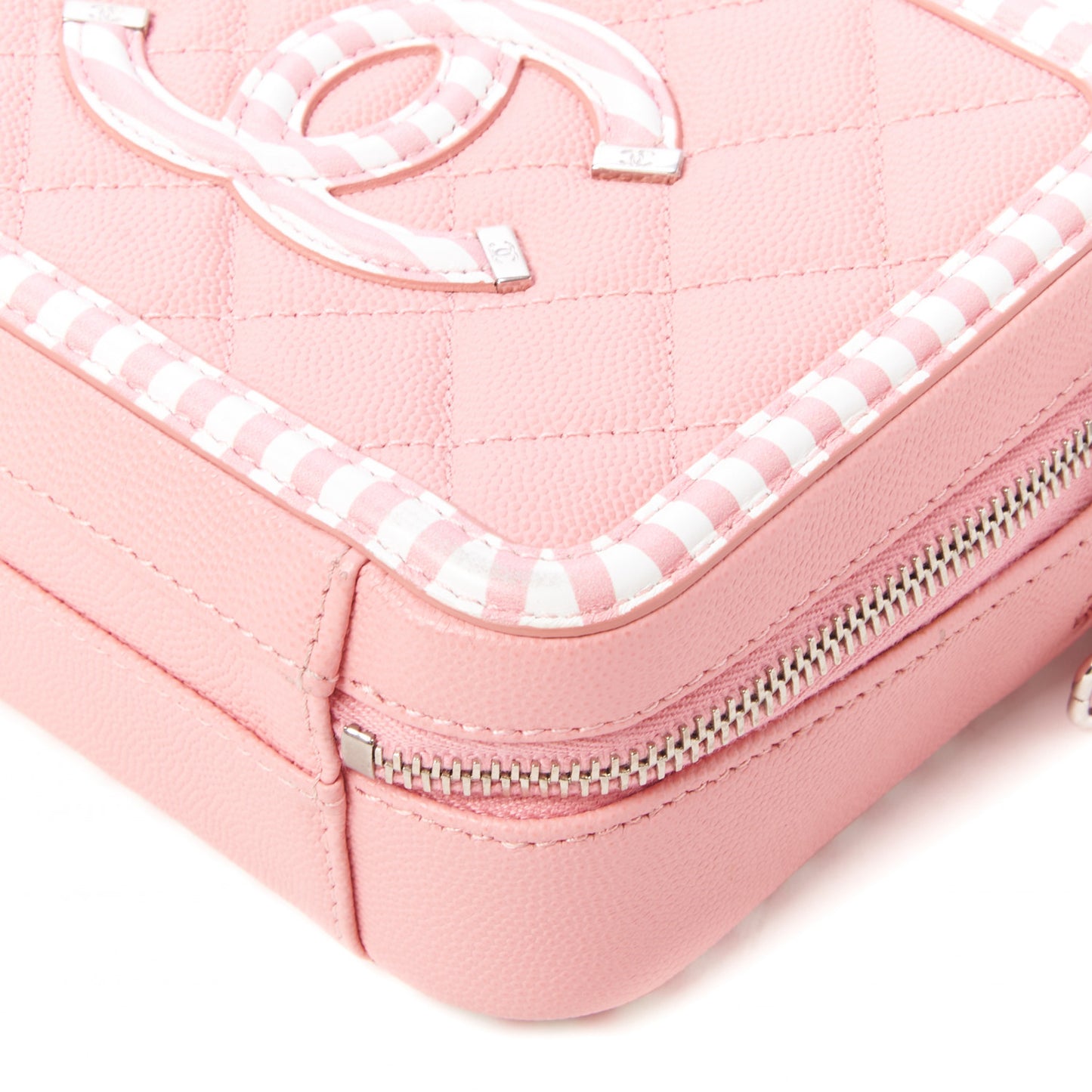 Caviar Quilted Striped Small CC Filigree Vanity Case Pink White