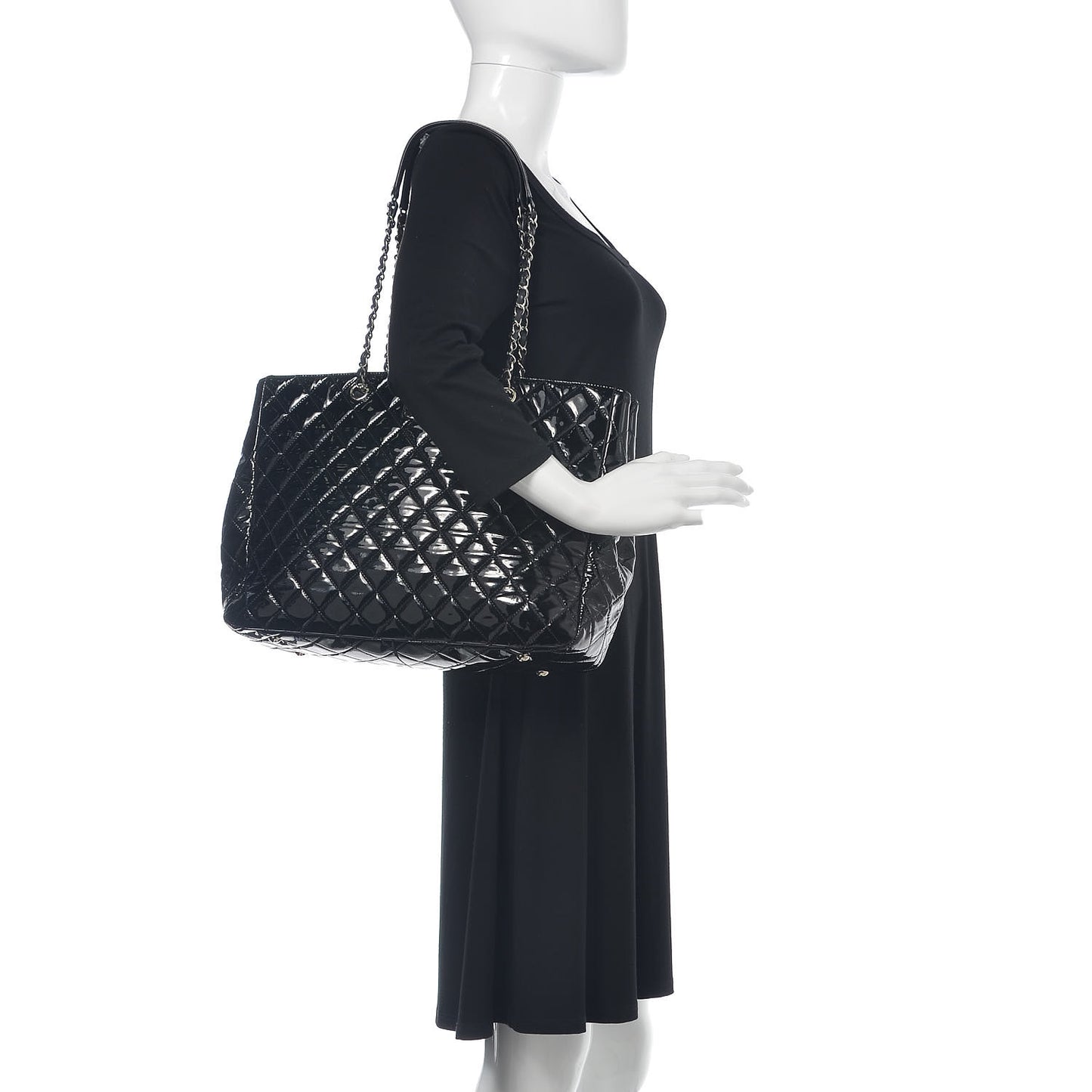 Patent Quilted Large Classic Shopping Tote Black