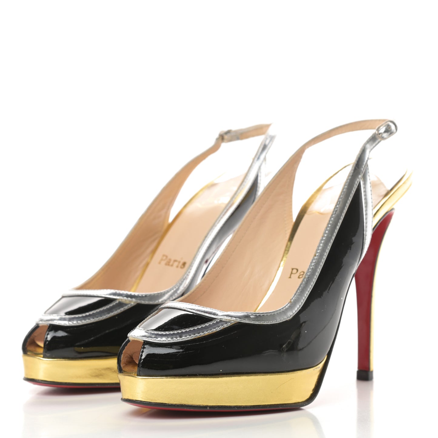 Patent Calfskin Round Toe Platform Slingback Pumps 37.5 Black