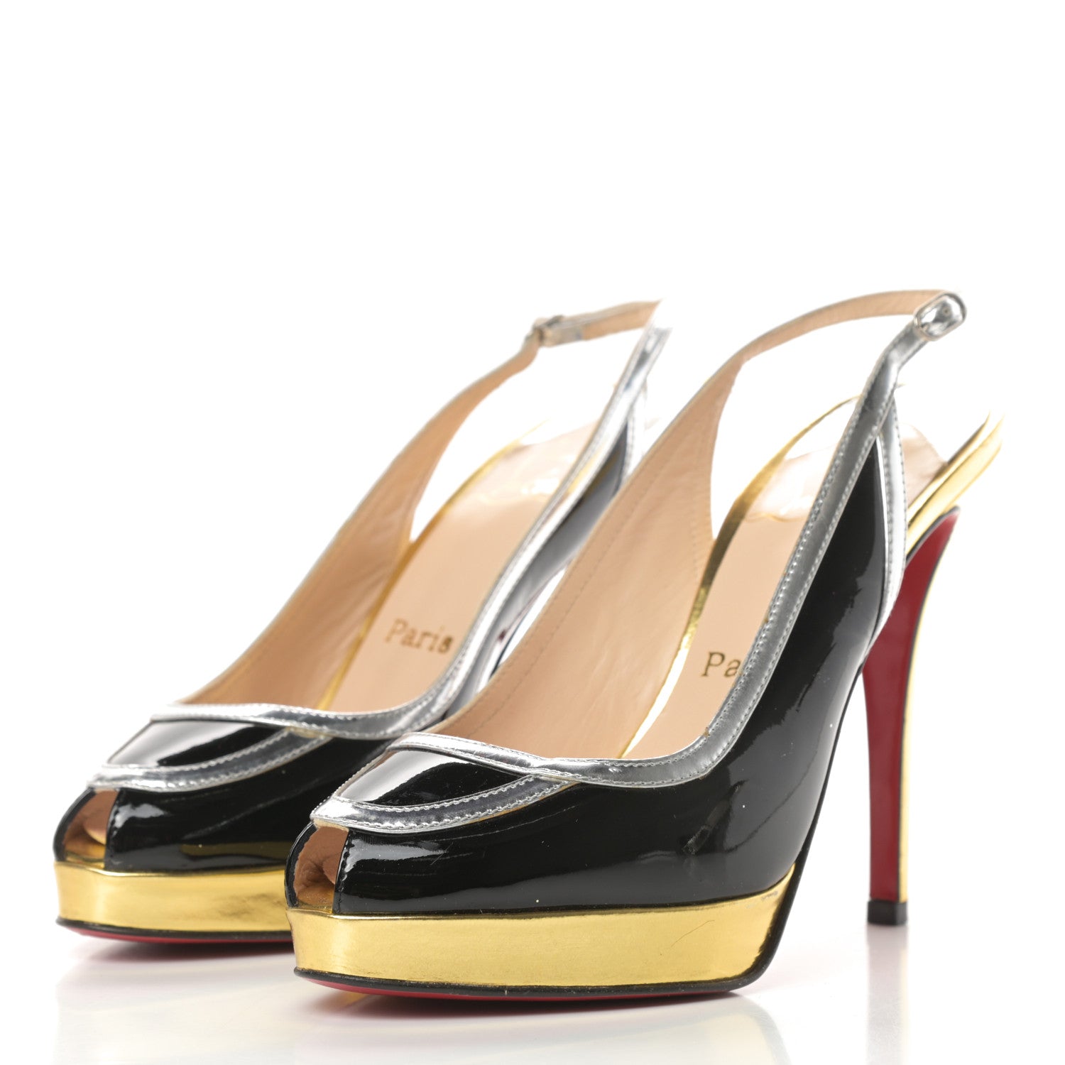 Christian Louboutin Patent Calfskin Round Toe Platform Slingback Pumps 37.5 Black 3 of 15