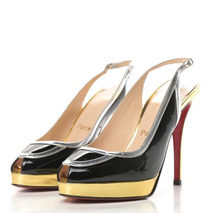 Christian Louboutin Patent Calfskin Round Toe Platform Slingback Pumps 37.5 Black 3 of 15