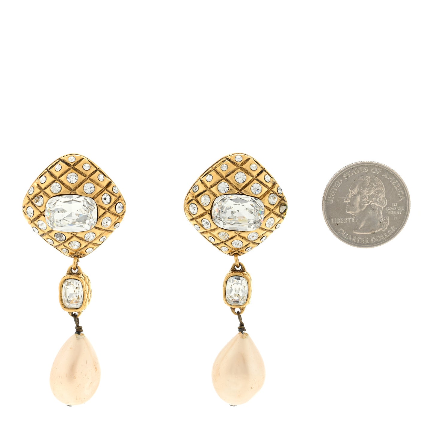 Metal Crystal Pearl Quilted Drop Clip-On Earrings Gold