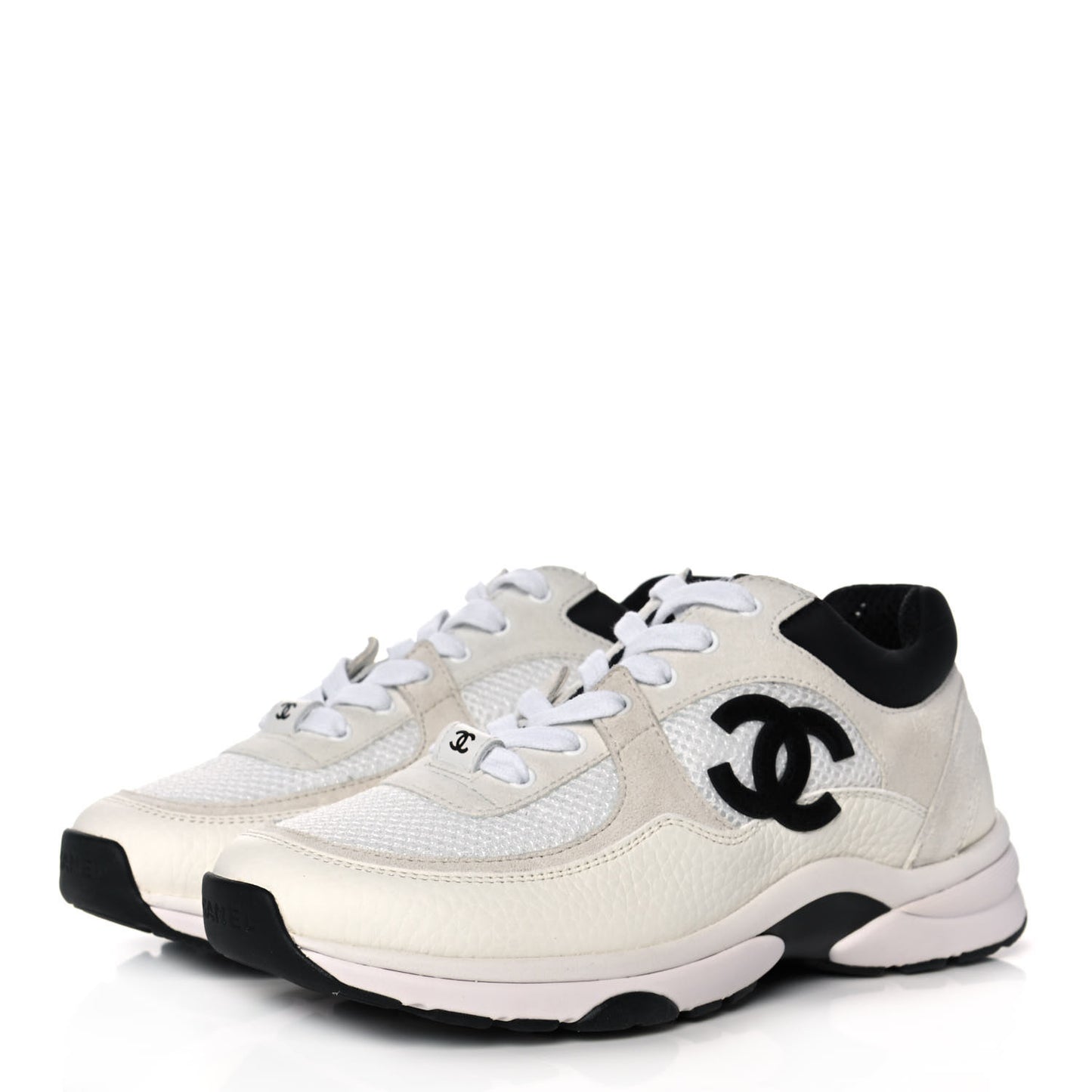Mesh Suede Calfskin Grained Calfskin Womens CC Sneakers 37 White Black