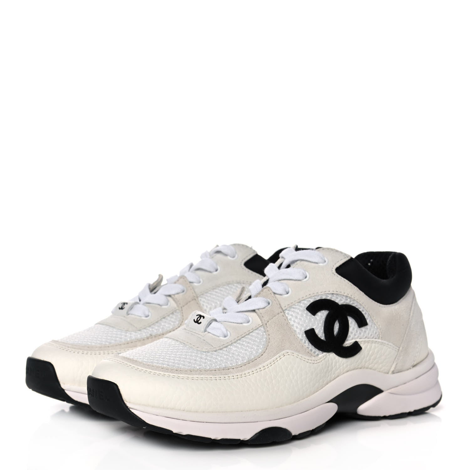 Chanel Mesh Suede Calfskin Grained Calfskin Womens CC Sneakers 37 White Black 3 of 11