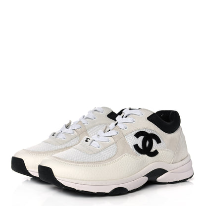 Chanel Mesh Suede Calfskin Grained Calfskin Womens CC Sneakers 37 White Black 3 of 11
