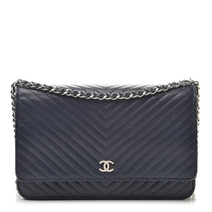 Chanel Caviar Chevron Quilted Wallet On Chain WOC Navy 1 of 17