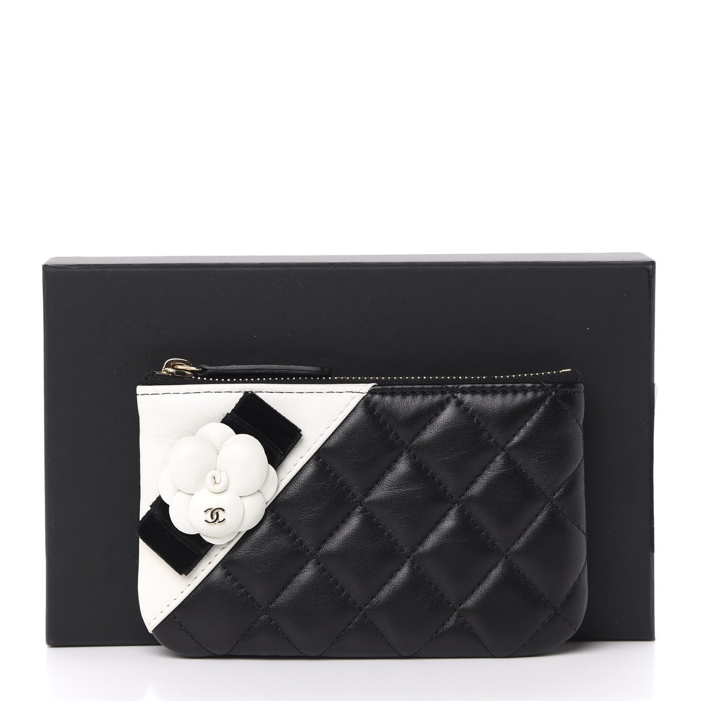 Lambskin Quilted Small Camellia Cosmetic Pouch Black White