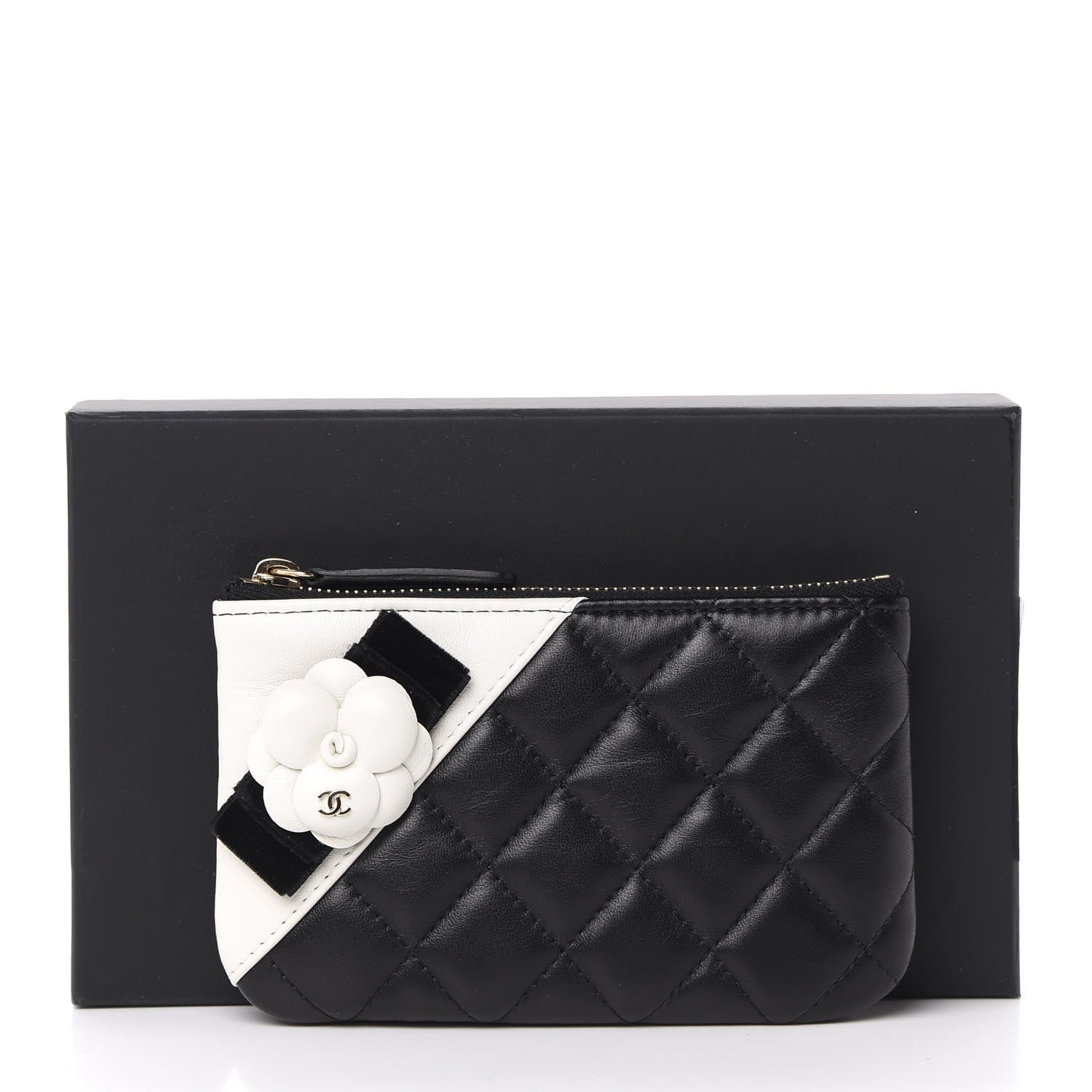 Chanel Lambskin Quilted Small Camellia Cosmetic Pouch Black White 8 of 8