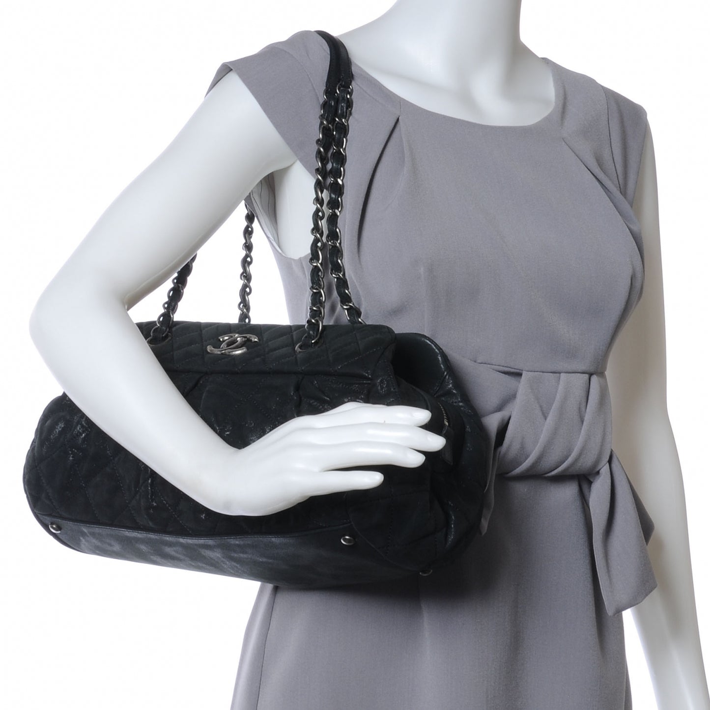 Iridescent Calfskin Chic Quilt Bowling Bag Black