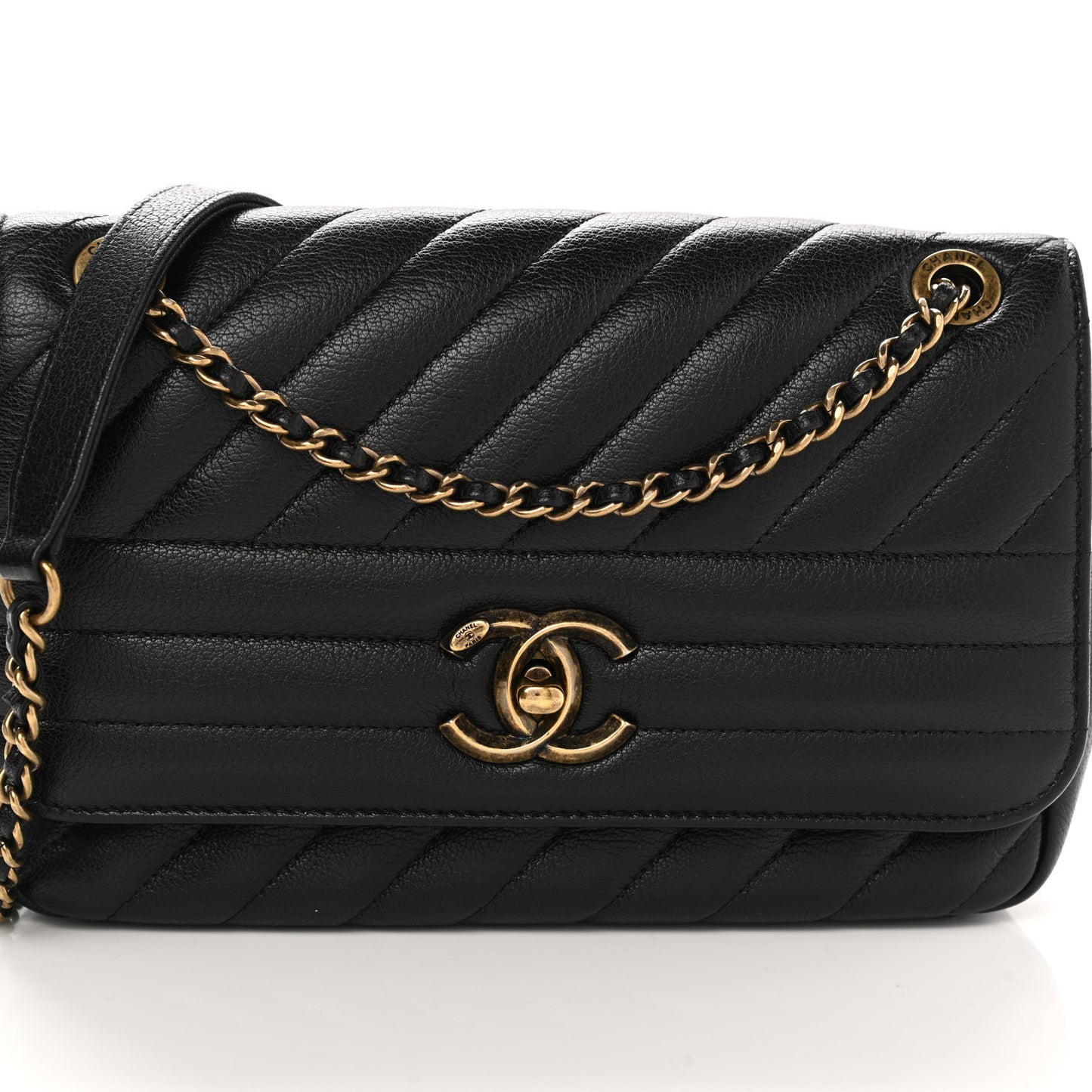 Shiny Goatskin Diagonal Quilted Small Flap Black
