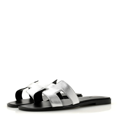 Hermes Metallic Chevre Oran Sandals 37.5 Gris Argente 4 of 10