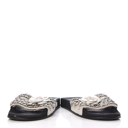 Chanel Lambskin Chain Camellia Flat Sandals 36 White 6 of 13