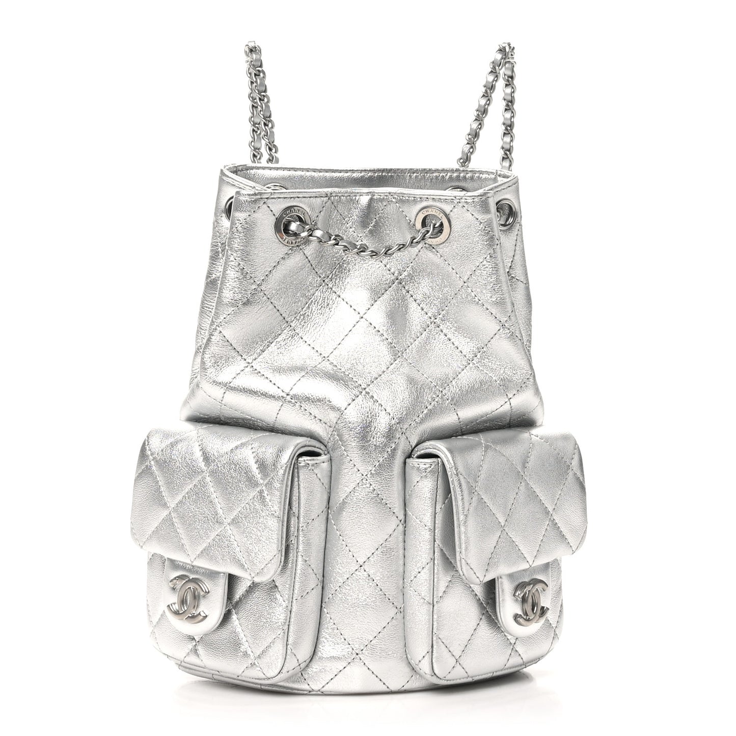 Metallic Lambskin Quilted Double Pocket Backpack Silvery