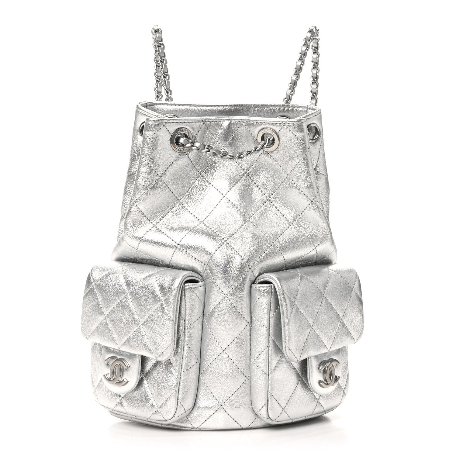 Chanel Metallic Lambskin Quilted Double Pocket Backpack Silvery 1 of 11