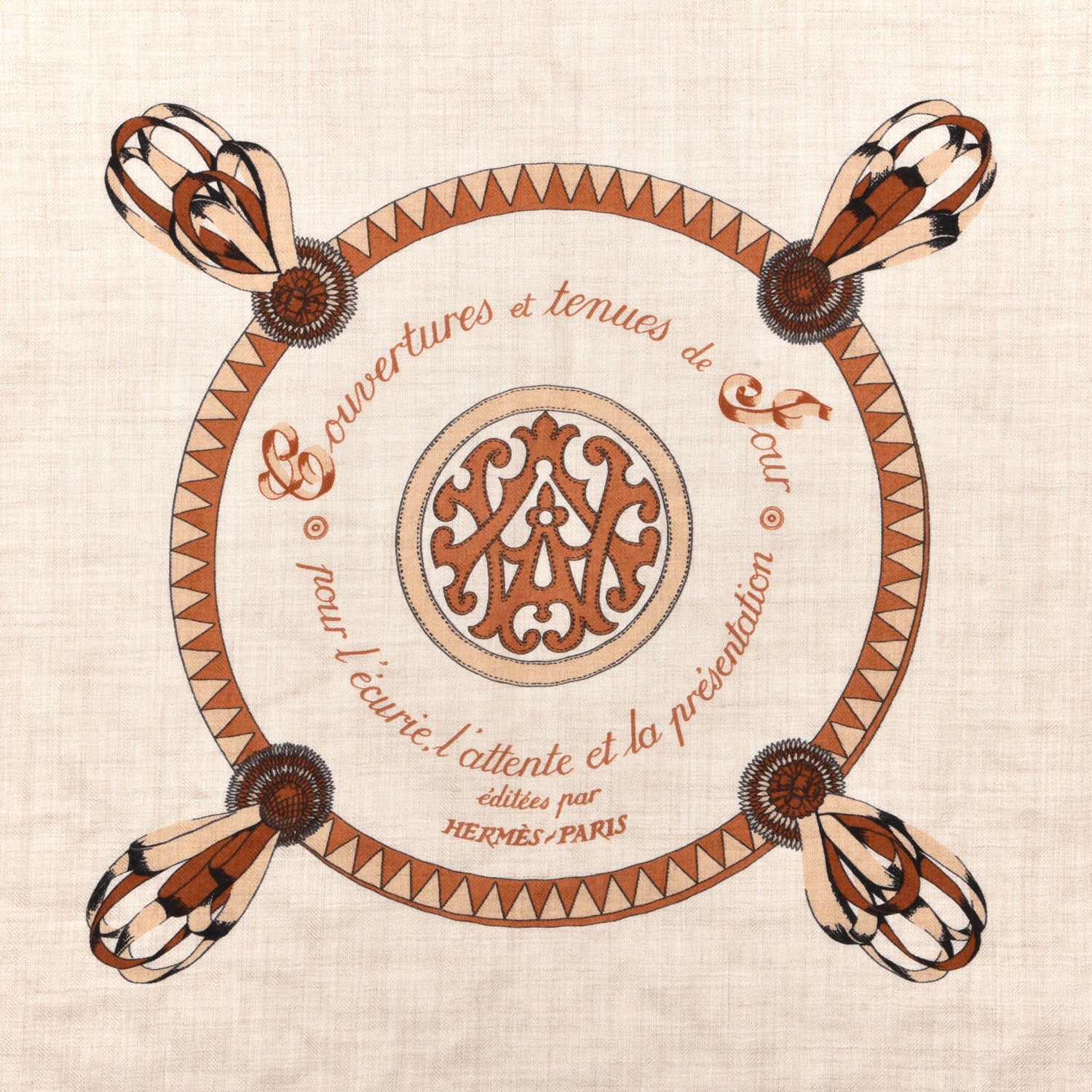Hermes Cashmere Silk Encadre Blason Scarf 90 Naturel Chocolat Caramel 2 of 3